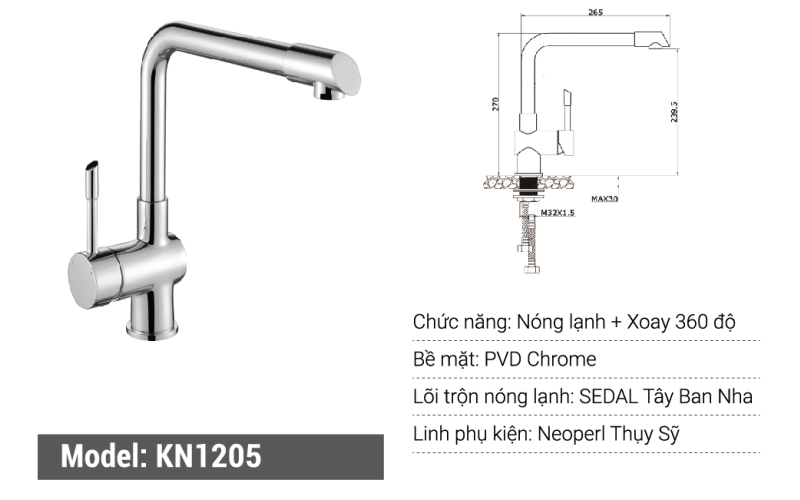 KN1205 spec - Vòi chậu rửa Konox KN1205